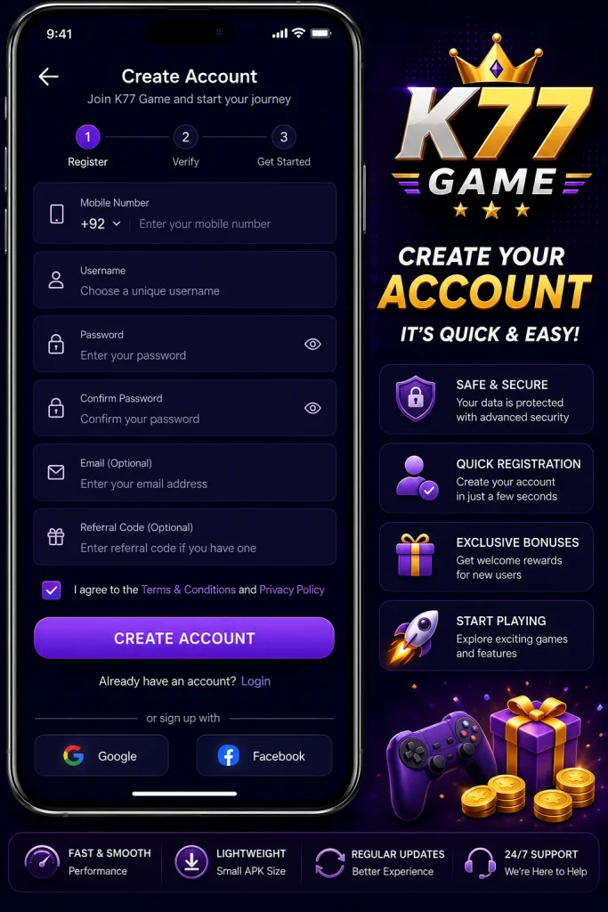 K77 Game register account