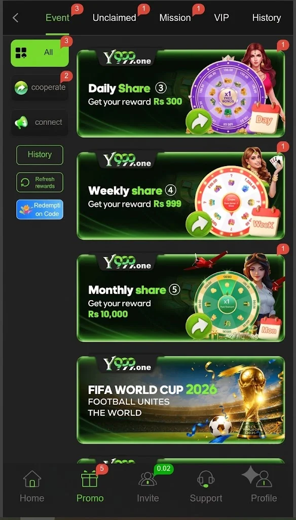 Y999 app Bonuses and rewards